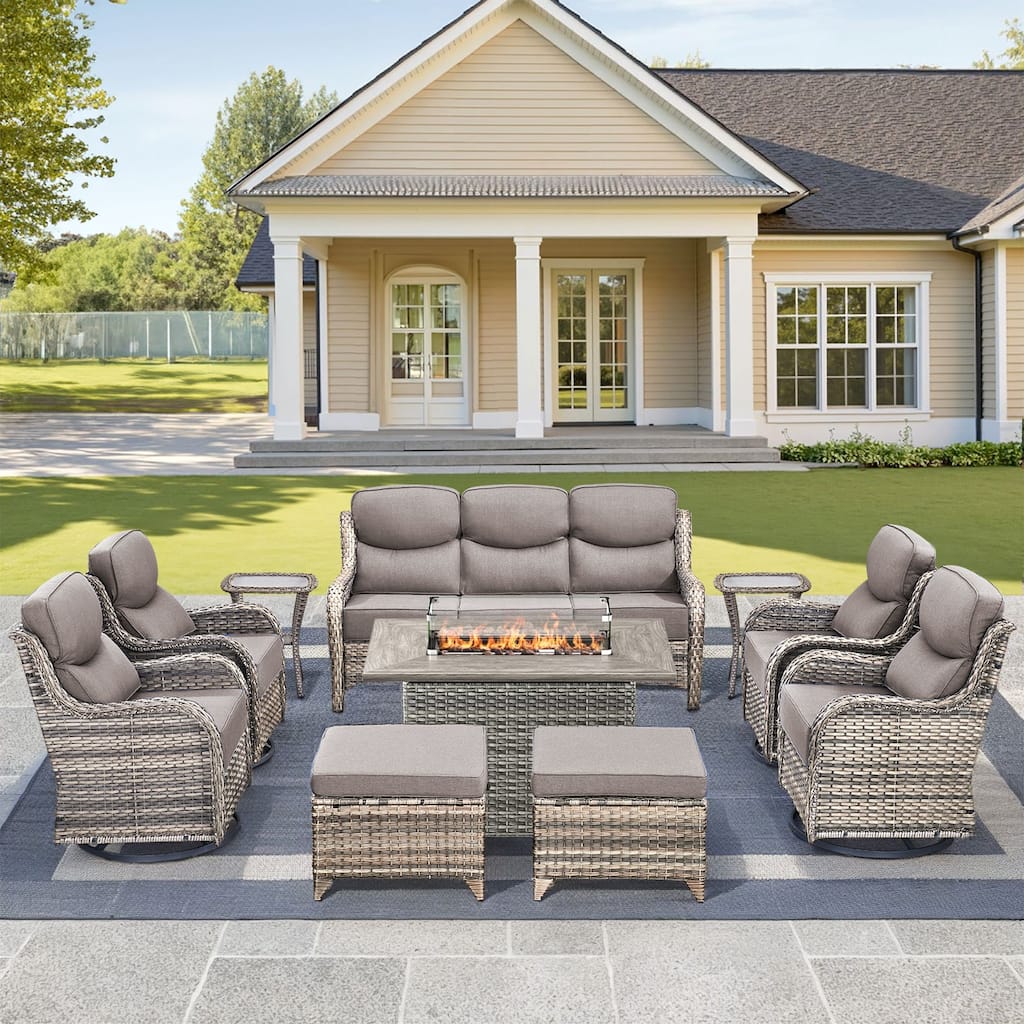 Pocassy Outdoor 6 Inch Sofa Swivel Chairs Ottoman with Fire Table Set