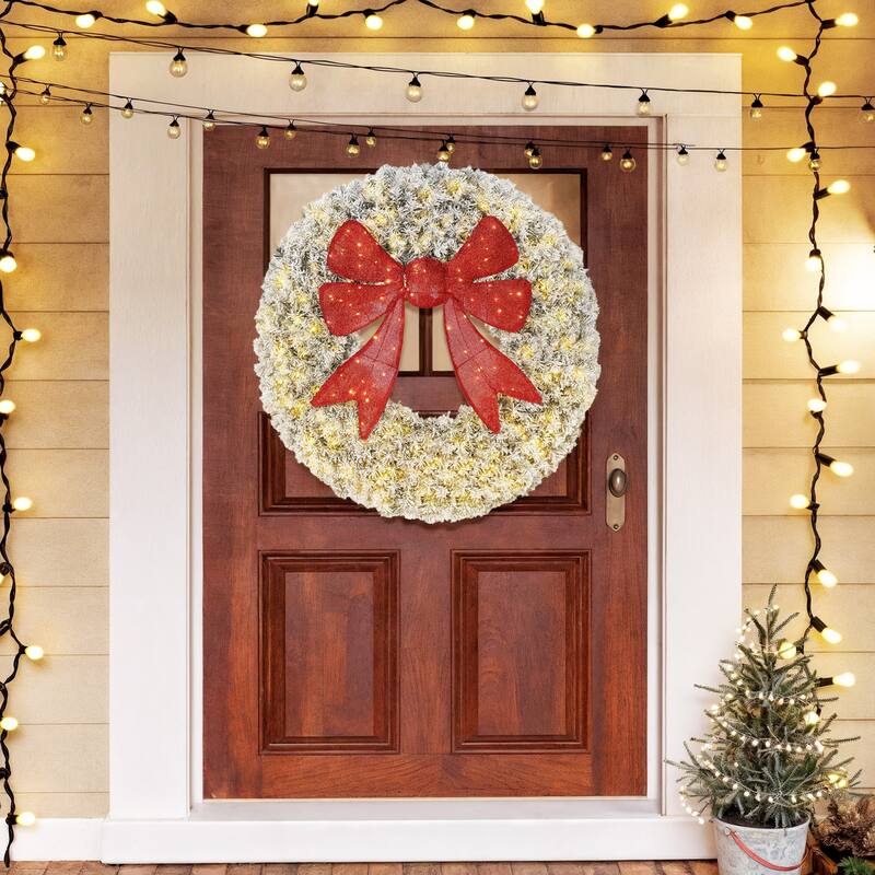 HOMCOM 36in Flocked Pre-Lit Wreath: 140 LED, 11 Modes, Remote, 3D Bow, Indoor/Outdoor