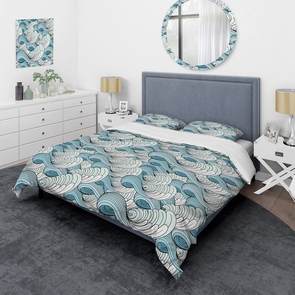 slide 2 of 7, Designart 'Great Wave inspiration' Coastal Pattern Bedding Set - Duvet Cover & Shams