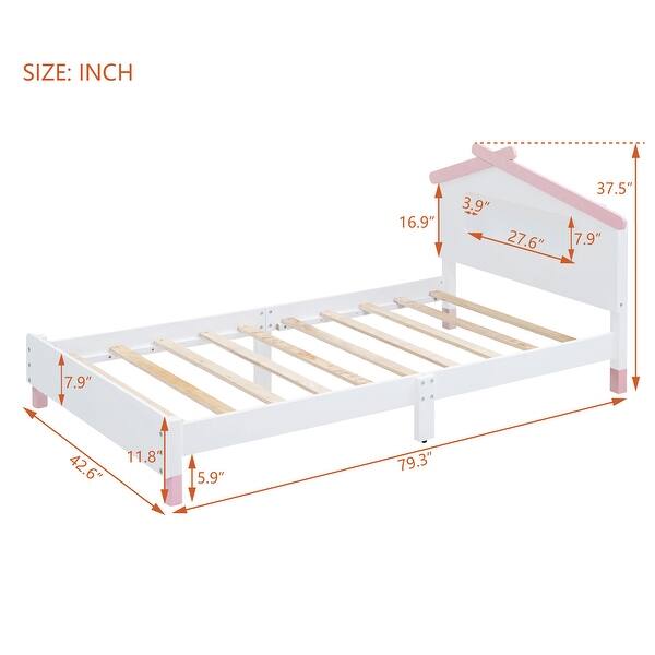 Kids Twin Bed Frame Wood Platform Bed with House-Shaped Headboard and Motion Activated Night Lights,White Pink