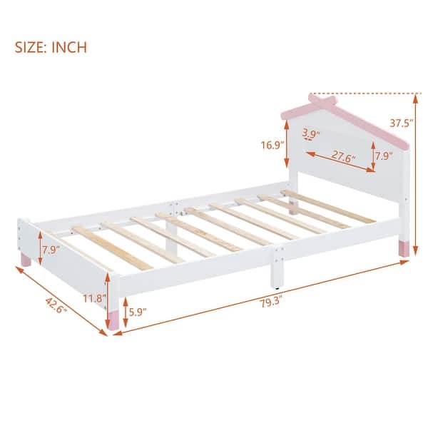 dimension image slide 0 of 5, Wood Platform Bed with House-shaped Headboard and Motion Activated Night Lights