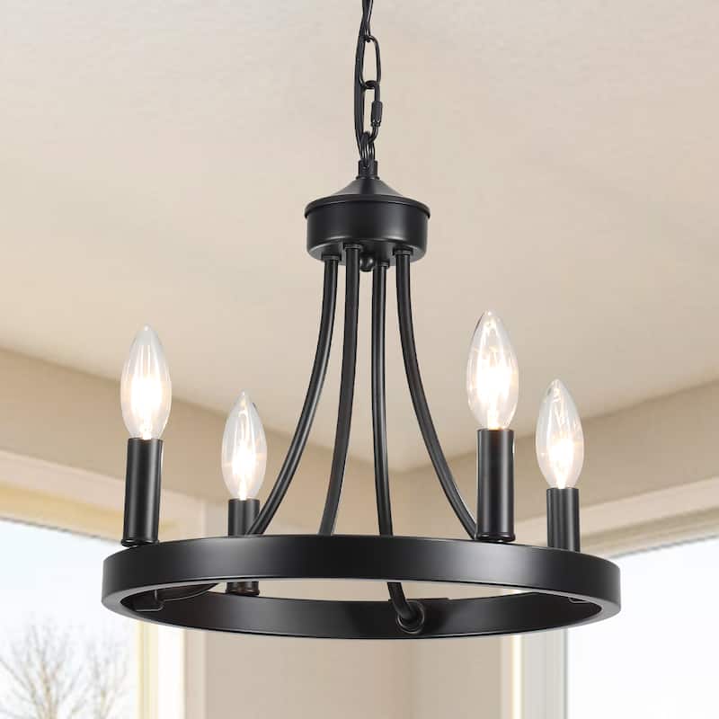 4-Light 12.99 in. Wagon Wheel Chandelier for Living Room Kitchen - Black