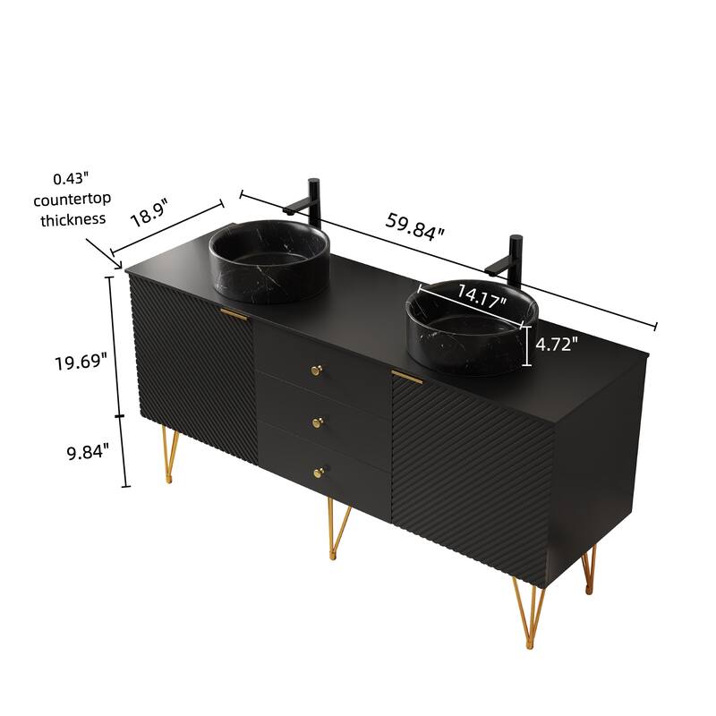 GDFStudio - Gema 60" Freestanding Bathroom Vanity with Double Stone Pattern Ceramic Vessel Sinks & Sintered Stone Countertop