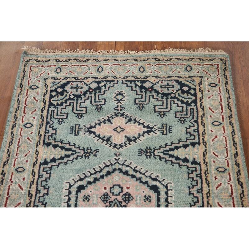 Geometric Heriz-Serapi Accent Rug Hand-Knotted Green Wool Carpet - 3'0"x 4'11"