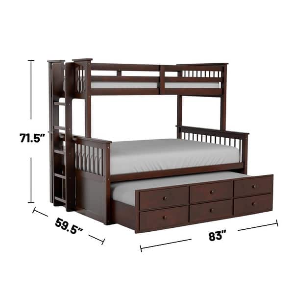 dimension image slide 1 of 3, Twin over Full Bunk Bed with Trundle and Side Access Ladder