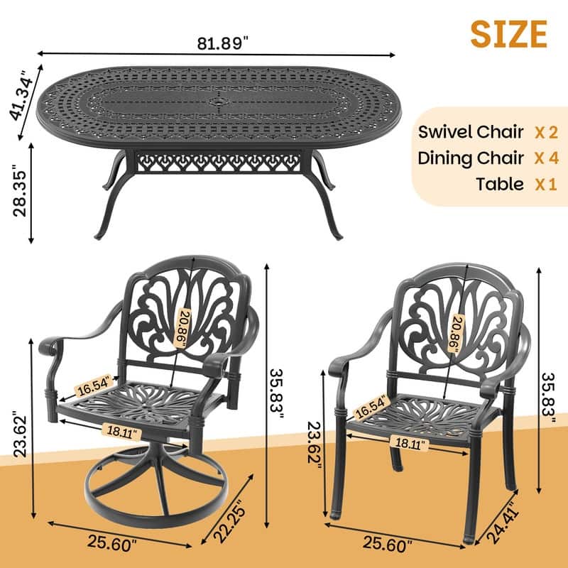 7-Piece Outdoor Dining Set with 1 Table and 6 Chairs, All-Weather Aluminum Outdoor Patio Sets