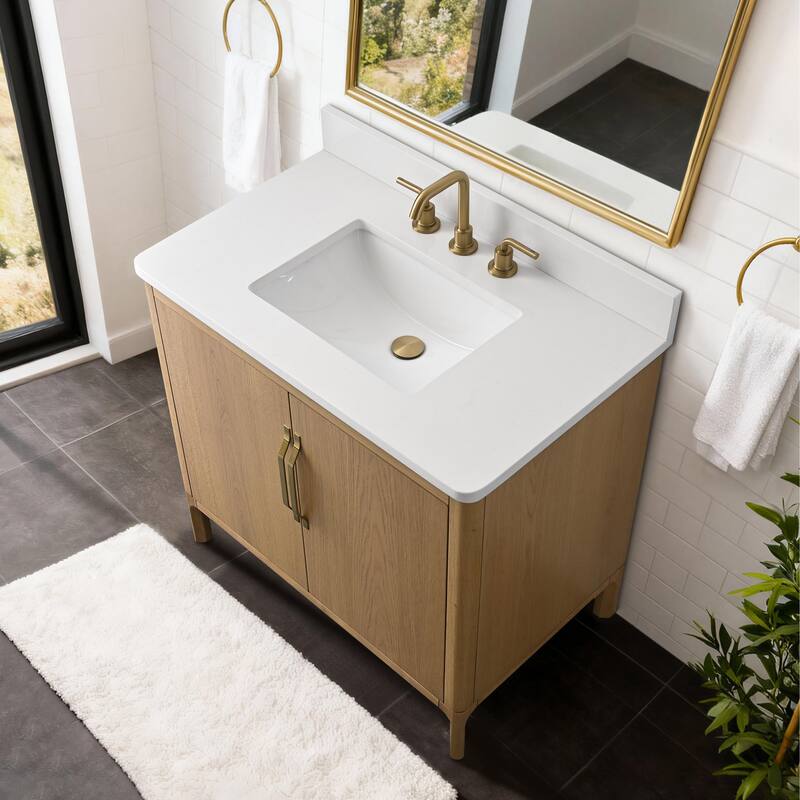36" Freestanding Bathroom Vanity with Engineered Stone Top, Ceramic Sink, Built-In Power Outlet, and Soft-Close Doors