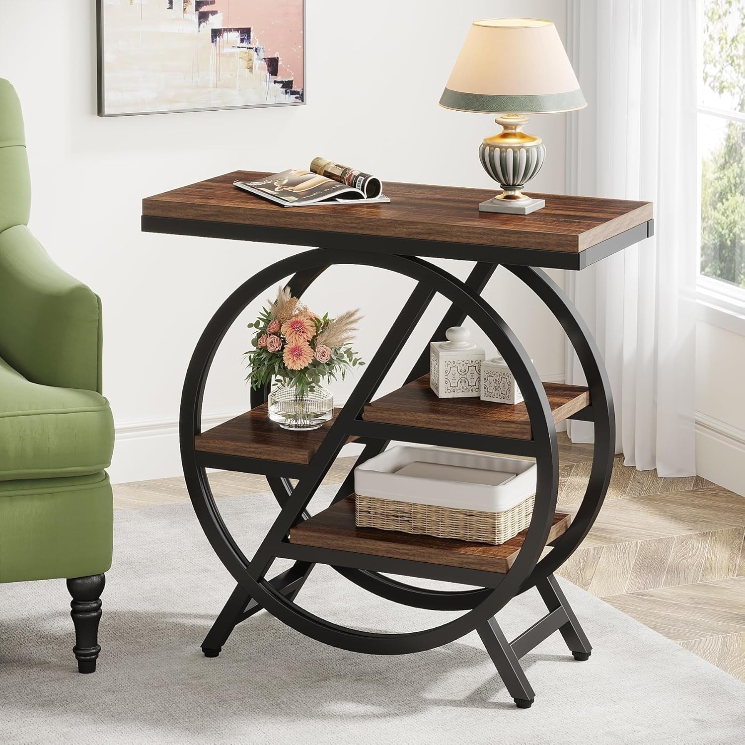 25.59" 3-Tier Narrow End Table with Storage (Rustic Brown & Black)