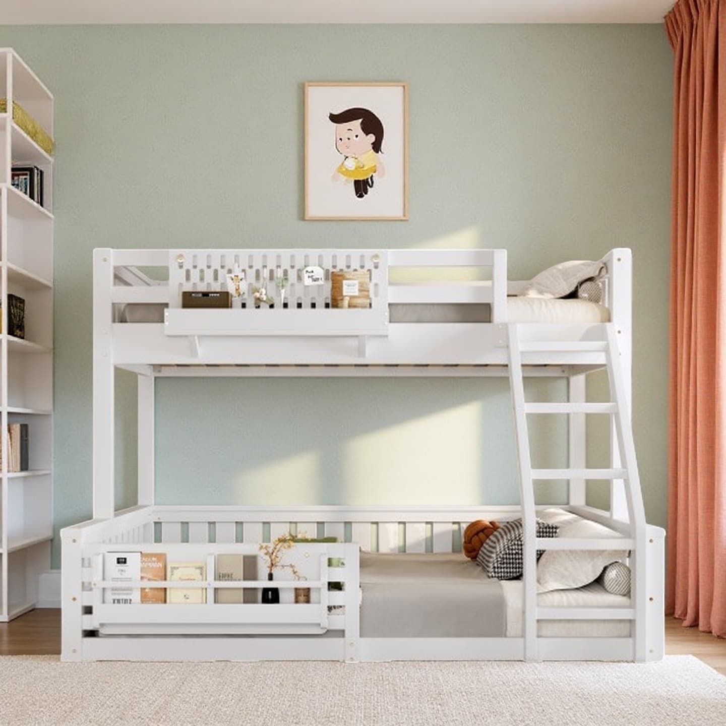 Twin XL over Queen Bunk Bed with Pegboard, Built-in Bookshelf, Ladder, and Guardrails, Space-Saving Solid Wood Kids Bed