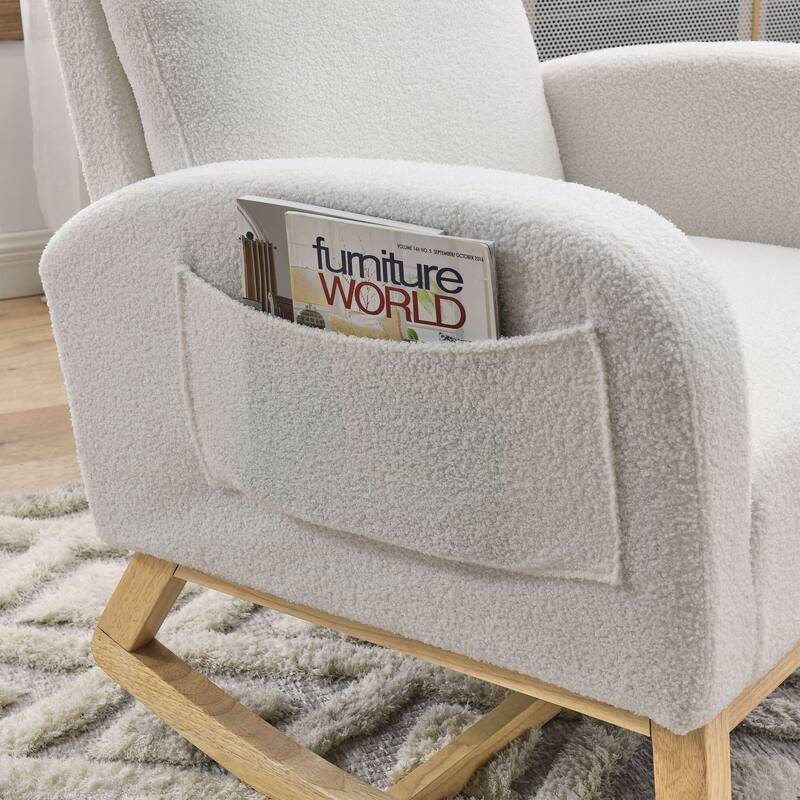 High Backrest Rocking Chair with Rubber Wood Base and Two Side Pocket