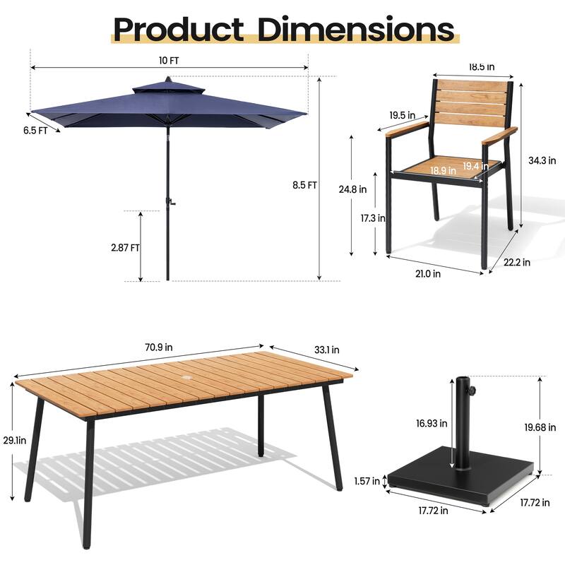 9PC Outdoor Patio Dining Set Wood-Like Aluminum Umbrella Hole Table with Stackable Armchairs,Double Top Market Umbrella and Base