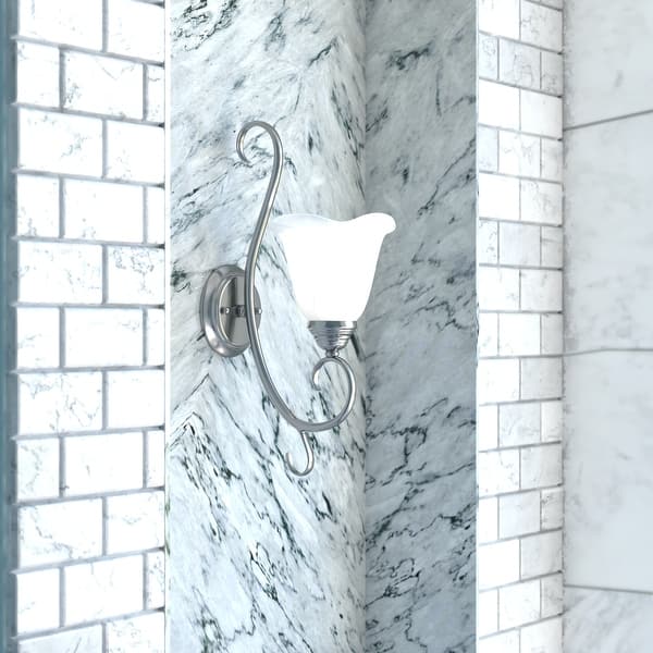 slide 2 of 10, Bella 1-Light 7.25 in. W Brushed Nickel Bathroom Vanity Lighting Fixture, White Alabaster Scalloped Glass, Wall Mounted Sconce 7.25-in W x 18-in H x 10-in D - Brushed Nickel