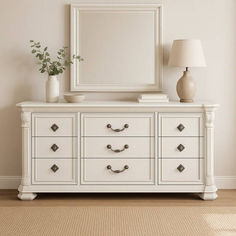 Naddy Wide Dresser, White Pine Wood, 9 Drawers w Metal Handles