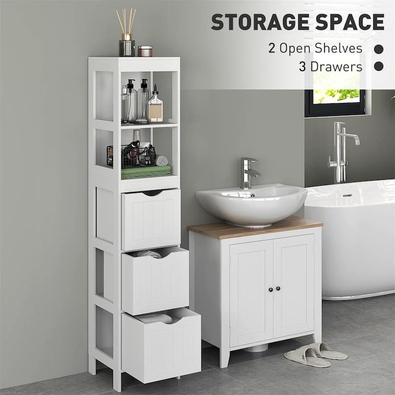 White Beadboard Compact Narrow Bathroom Storage Cabinet with 3 Drawers and 2 Shelves - 11.8" W x 11.8" D x 55.6" H