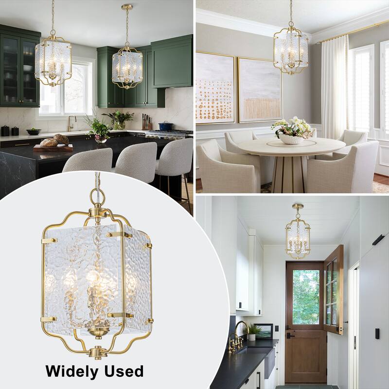 Modern 4-Light Metal Frame Pendant Light with Hammered Glass Panels - Dia.10-in