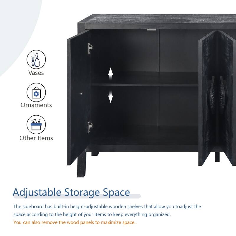 Roomfitters 4-Door Accent Cabinet with Carved Flower Handles, Antique Storage Sideboard for Living Room