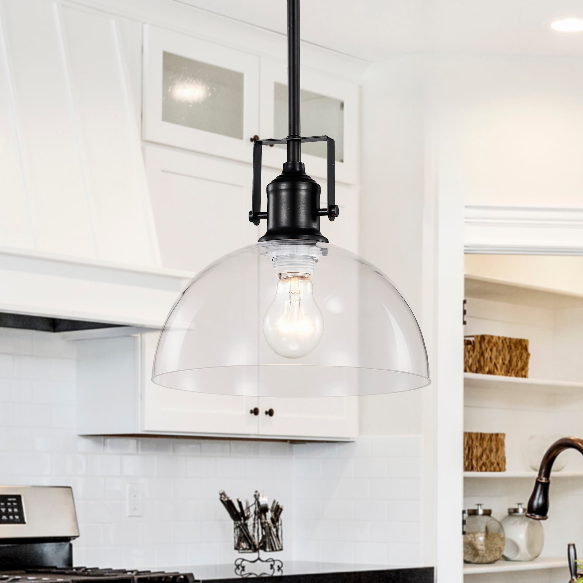 Black 1-Light Farmhouse Pendant with Clear Bowl Glass Shade