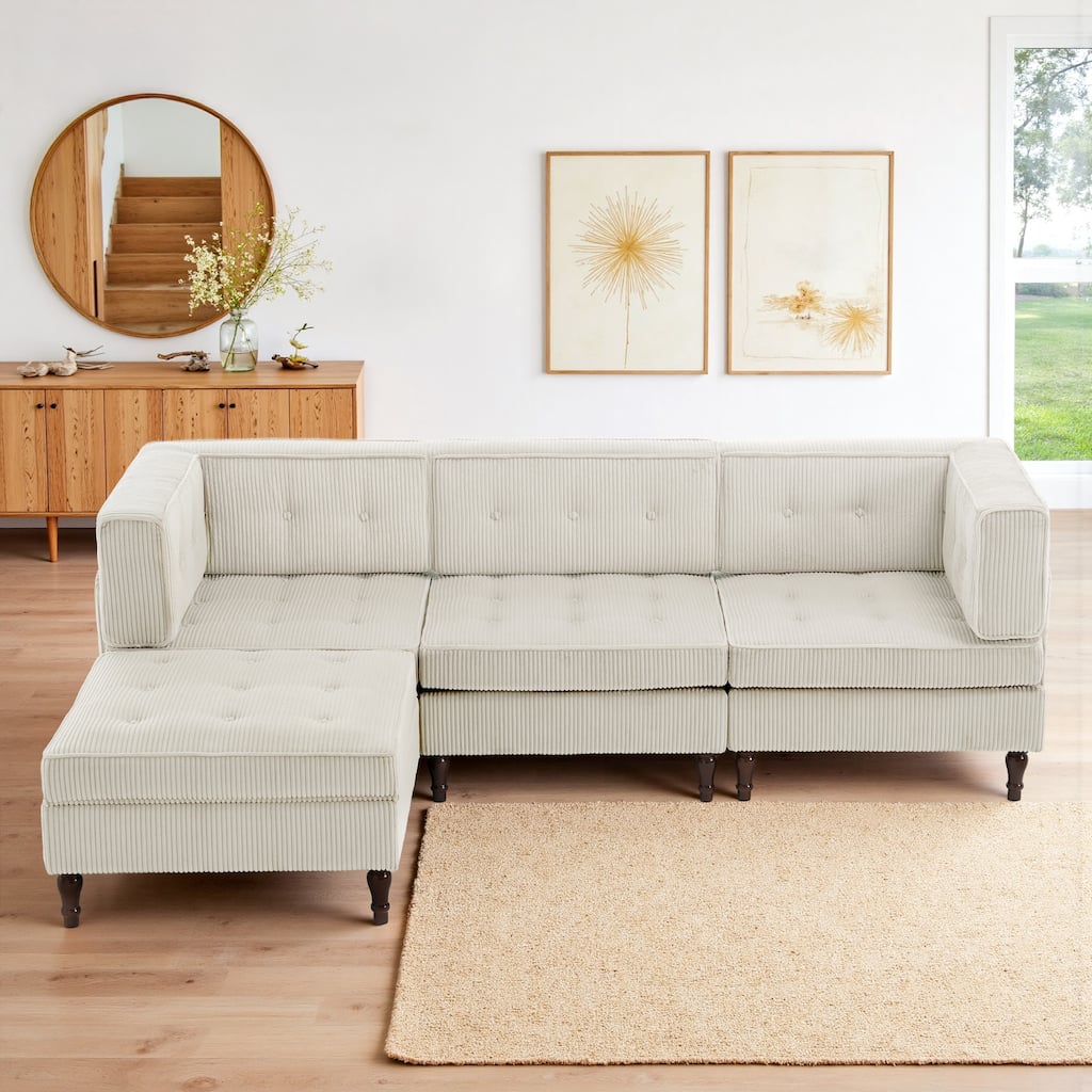 98" W Corduroy Modular Sectional Sofa with Storage Ottoman