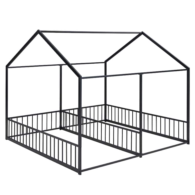 Metal Twin Size House Beds, Two Shared Beds, 2 in 1 Floor Beds Frame