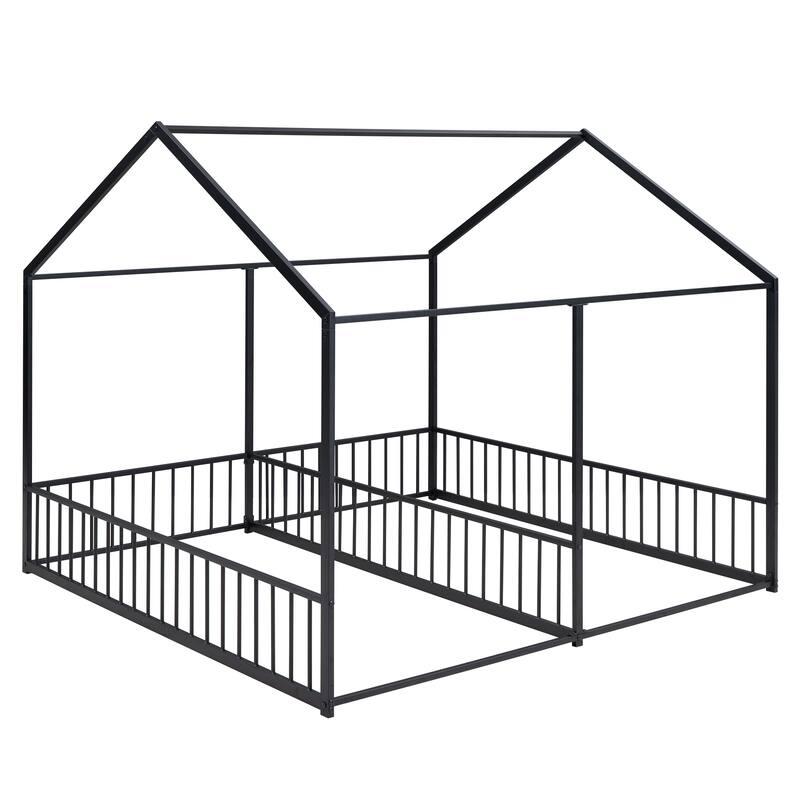 Twin Size Metal House Platform Bed with Roof, Windows, and Guardrails, 2-in-1 Bed Design, Easy Assembly