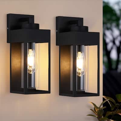 Outdoor Wall Light With Cylindrical Glass Shade, Matte Black, Modern Wall Light Fixture For Garage, Porch, Patio (Set Of 2)