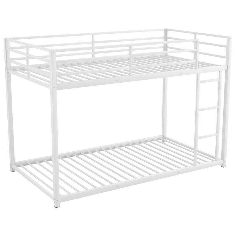 Twin Over Twin Low Metal Bunk Bed with Ladder, White