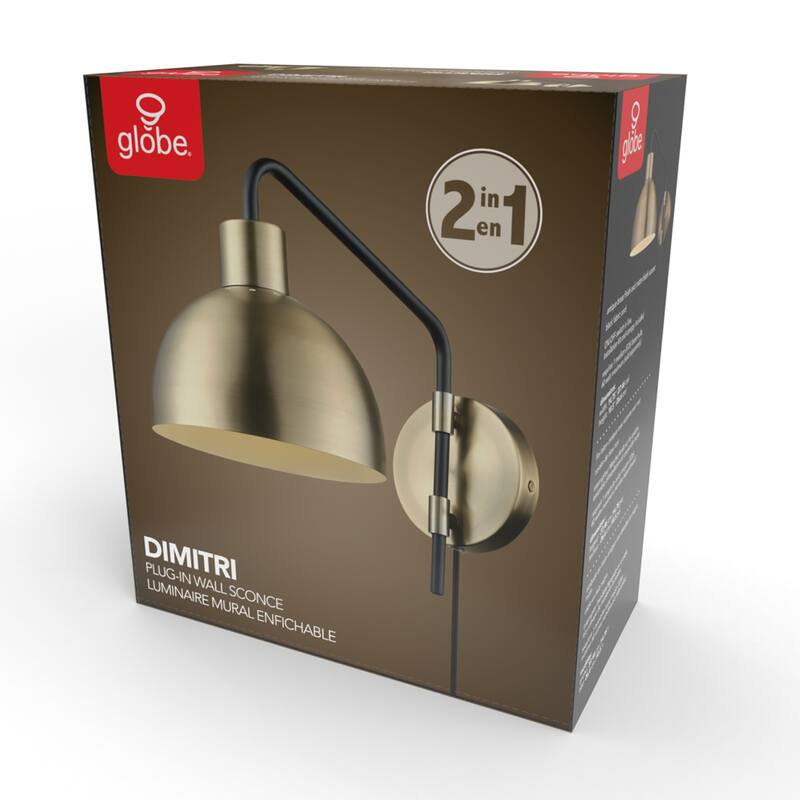 Dimitri 1-Light Antique Brass Plug-In or Hardwire Wall Sconce - 8.25