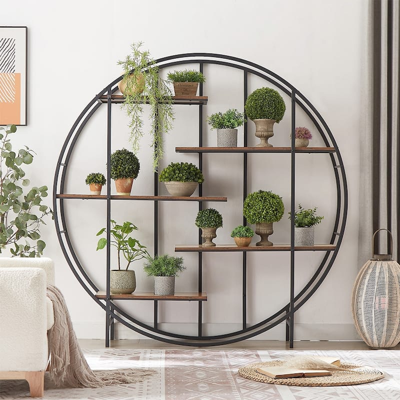 5-Tier Vintage Round Bookshelf Display Stand with Black Metal Frame - Metal Finish - Brown