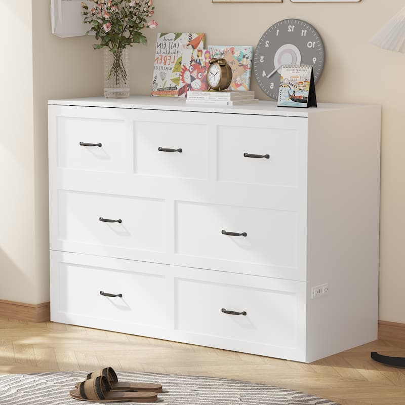 Modern Wood Full Murphy Bed Chest in White Finish Dresser 2-1 Cabinet