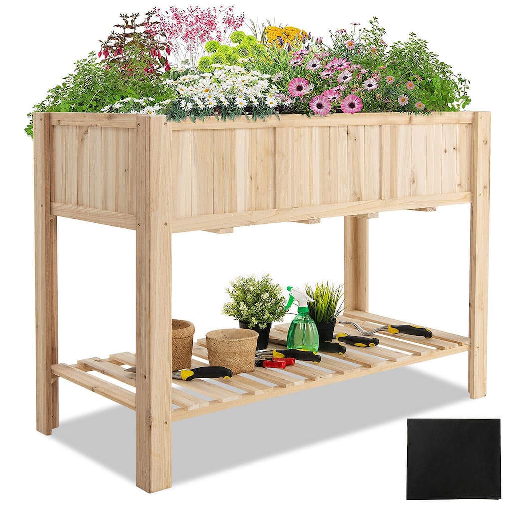 Gymax 47'' Wooden Raised Garden Bed w/Bottom Shelf & Bed Liner Outdoor