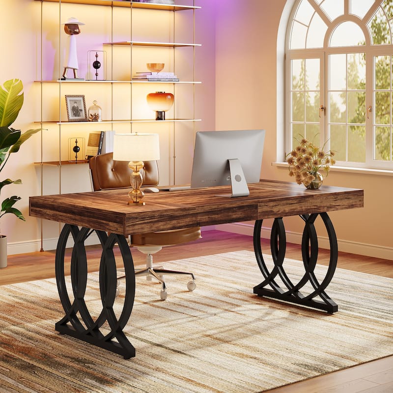 63'' Executive Desk, Modern Office Desk White and Gold Computer Desk