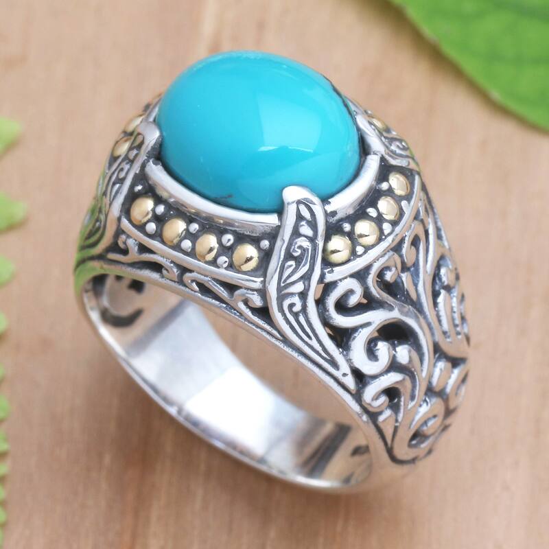 Novica Handmade Majestic Touch Gold-Accented Sterling Silver Cocktail Ring - Aqua