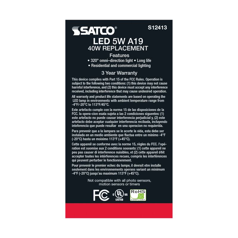 5 Watt LED A19 Soft White 3000K Medium base 90 CRI 120 Volt - N/A