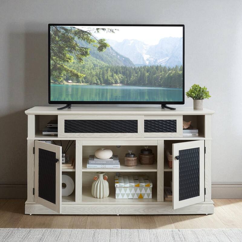 58.27" Embossed Pattern TV Stand for TVs up to 65", Sliding Door Media Console with Cabinets, Open Shelf, 8 Cable Cutouts