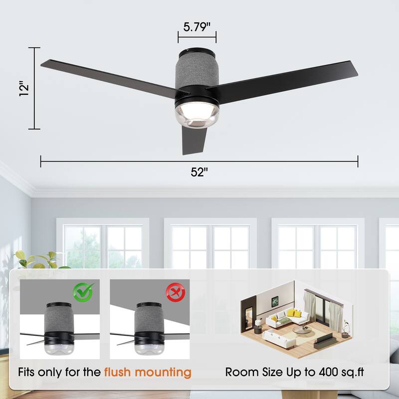 52" Modern Black RGB LED Smart Flush Mount Ceiling Fan with Light and Remote, App Control, Voice Control
