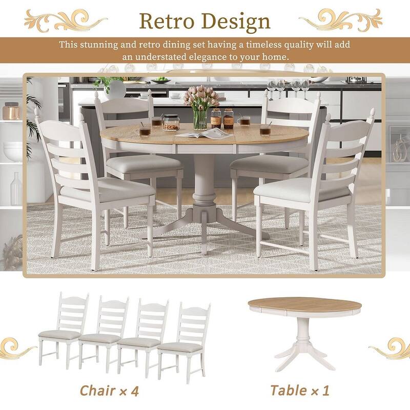 Wooden Round Drop Leaf Extendable Dining Table Set with 4 Upholstered Chairs