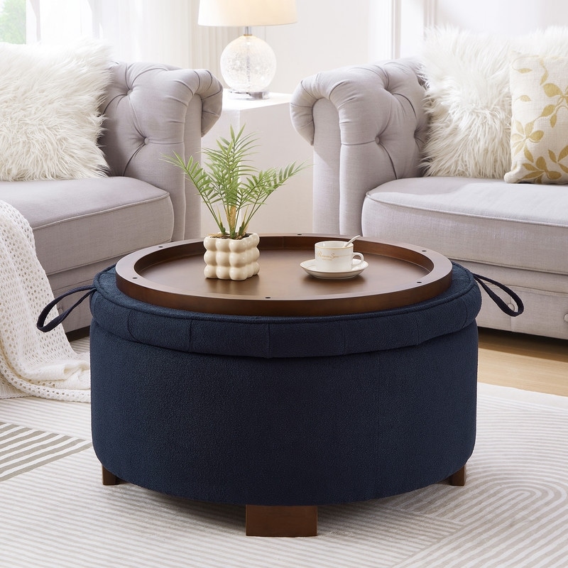 Boucle Round Storage Ottoman with Reversible Lid, Hidden Storage for Living Room