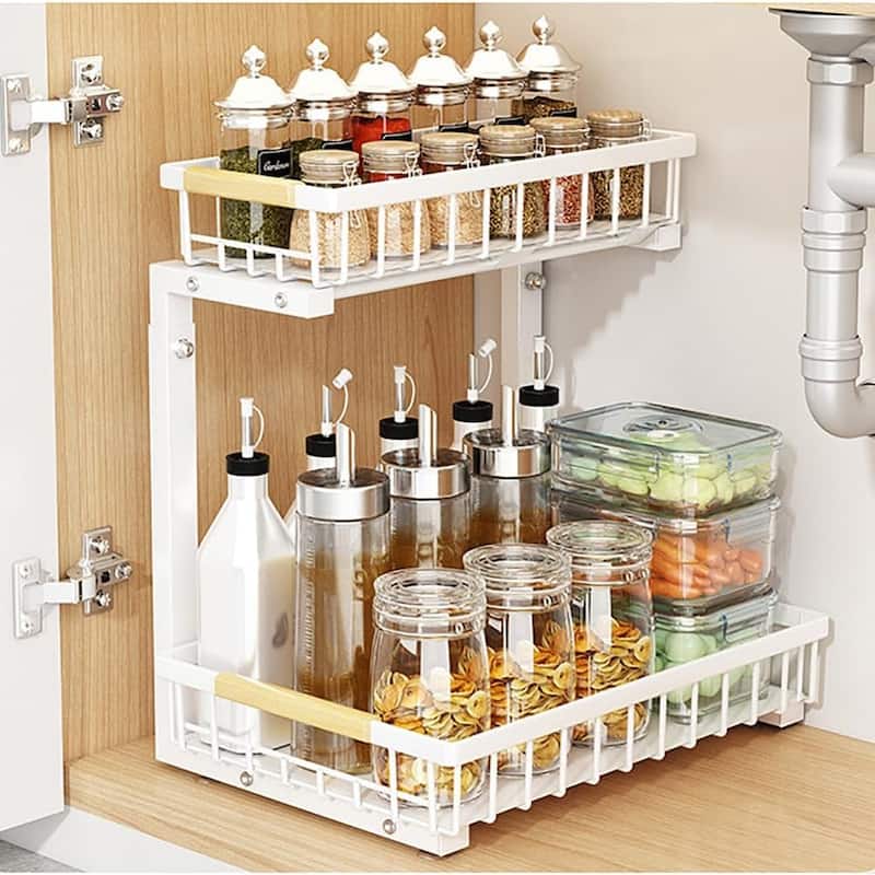 Metal Under Sink Organizer, 2 Tier Pull Out Cabinet Slide Out Shelf - White