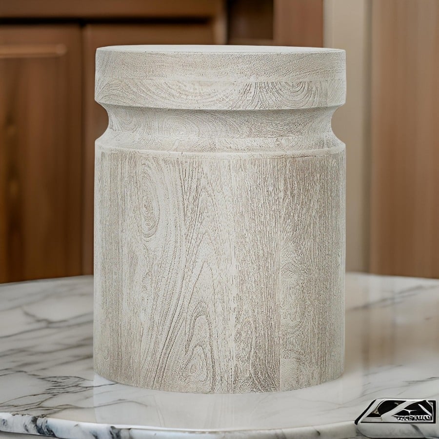 Kiv 18 Inch Side End Table, Round Mango Wood Top, Carved Accent Base, Gray