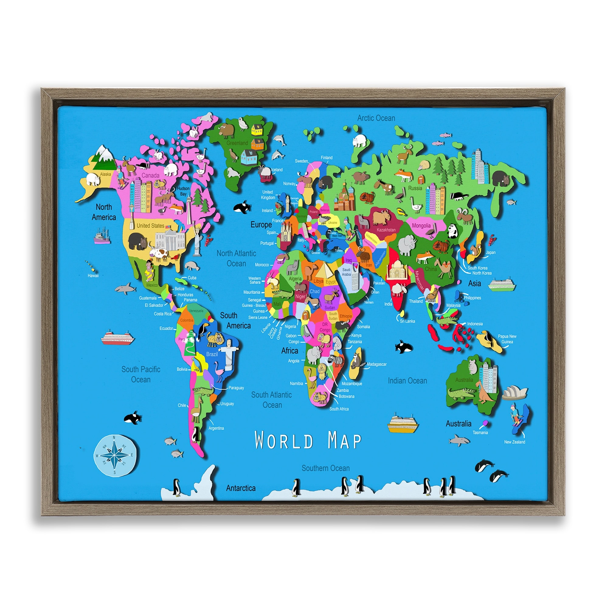 Stupell Educational World Map Framed Floater Canvas Wall Art Design By Carla Daly