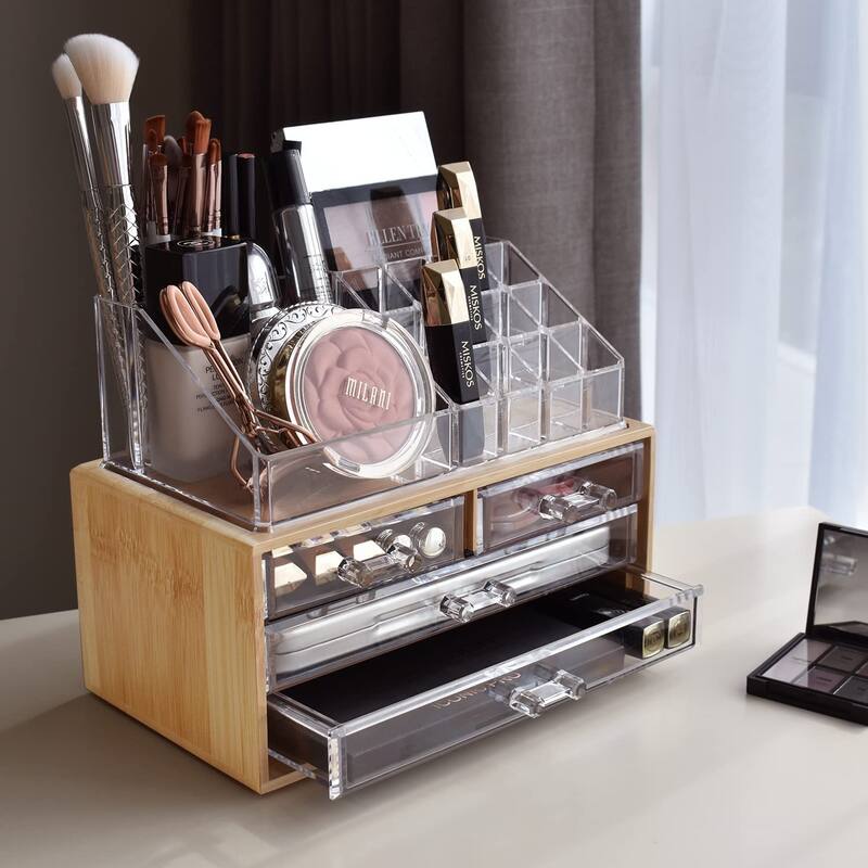 Bamboo Makeup Organizer with 4 Acrylic Storage - Small - Clear - Small
