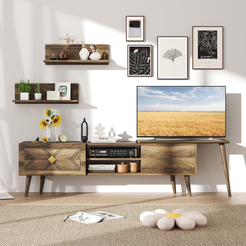 Walnut Engineered Wood TV Stand for 85" TVs with Storage and Floating Shelves - 75" L x 12.5" W x 20" H