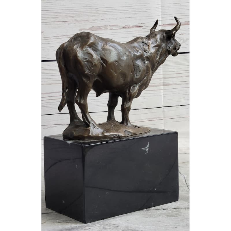 Hot Cast Bronze Metal Bull Cattle Cow Sculpture Statue Figure On Marble Base
