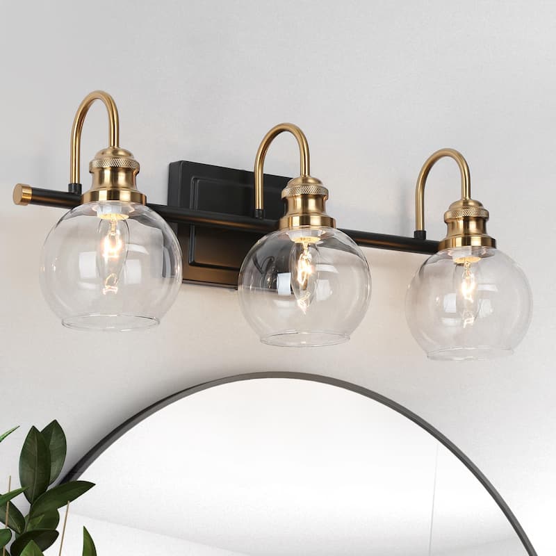 Modern Black Gold Bathroom Vanity Lights Globe Glass Wall Sconce - 3-Light - Black and Gold