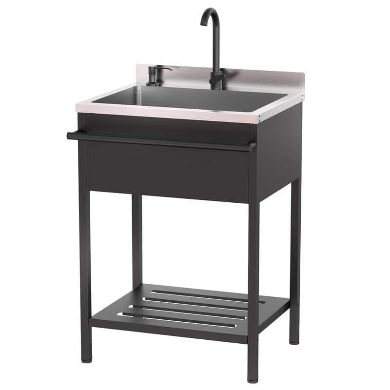 25.7 In. Freestanding Stainless Steel Utility Sink With Towel Rack And Storage Shelf - Silver