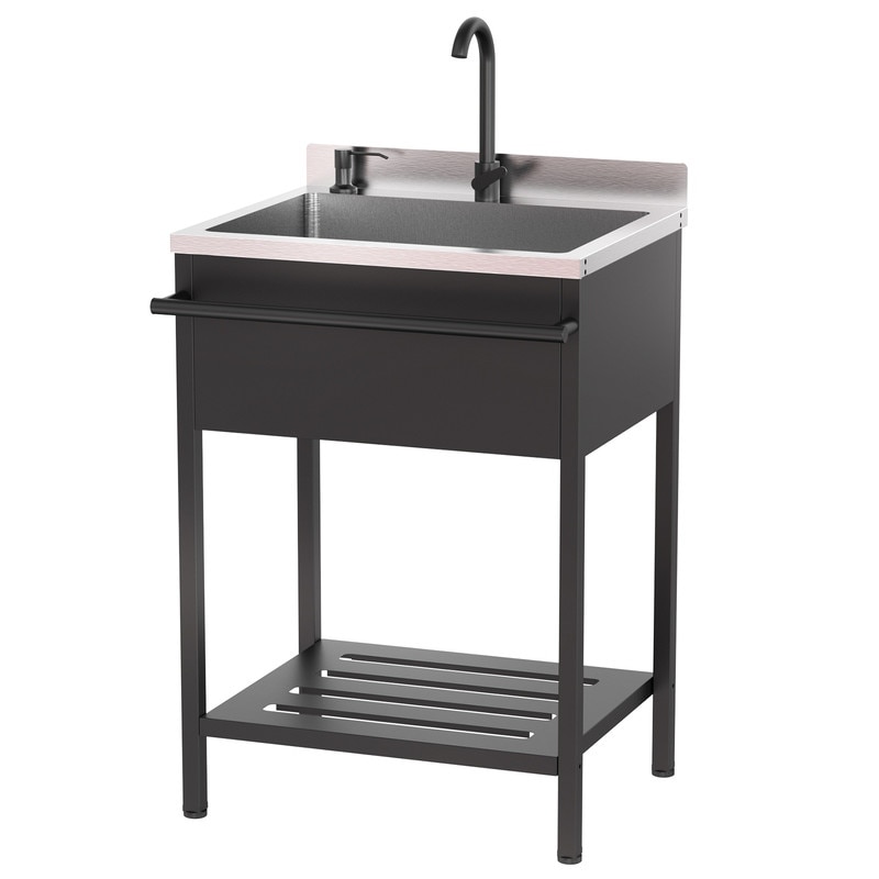 25.7 In. Freestanding Stainless Steel Utility Sink With Towel Rack And Storage Shelf