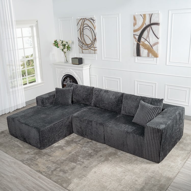 110" Modular Cloud Couch Sectional Sofa - Deep Seat Corduroy L-Shape Couch - Boneless Compressed Sofa - Grey