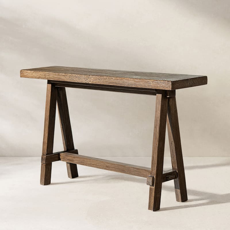 Jennifer Taylor Home Hawthorne 60" Solid Reclaimed Elm Trestle Console Table - Heritage Medium-Dark Brown Reclaimed Elm