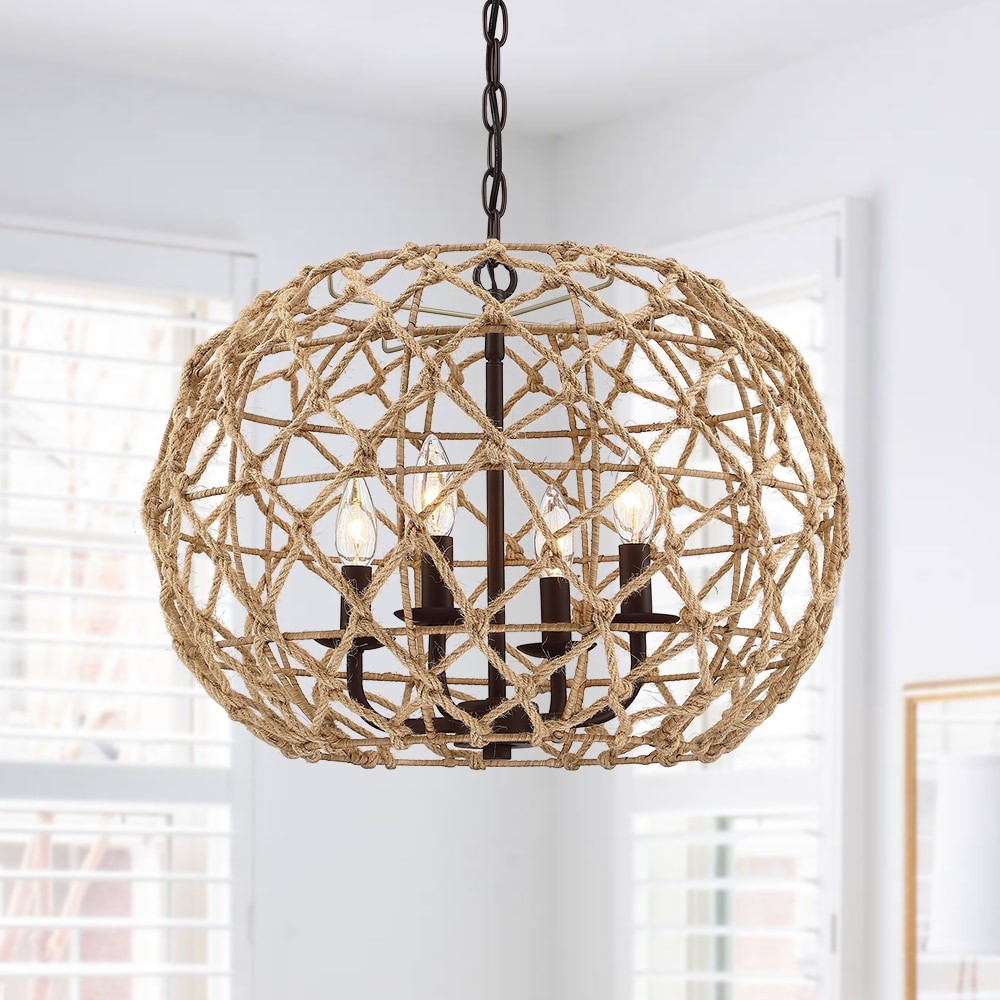 True Fine 20 in 4 Light Rustic Natural Jute Rope Woven Globe Pendant Light with Brown Canopy Coffee Brown 20 in. W 20 in. W Size 20 W TD10026C