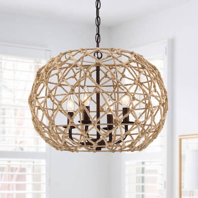 20-in 4-Light Rustic Natural Jute Rope Woven Globe Pendant Light with Brown Canopy - Coffee brown - 20 in. W - 20 in. W
